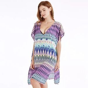 Multicolor V Neck Pom Pom Tunic Cover Up - NEW